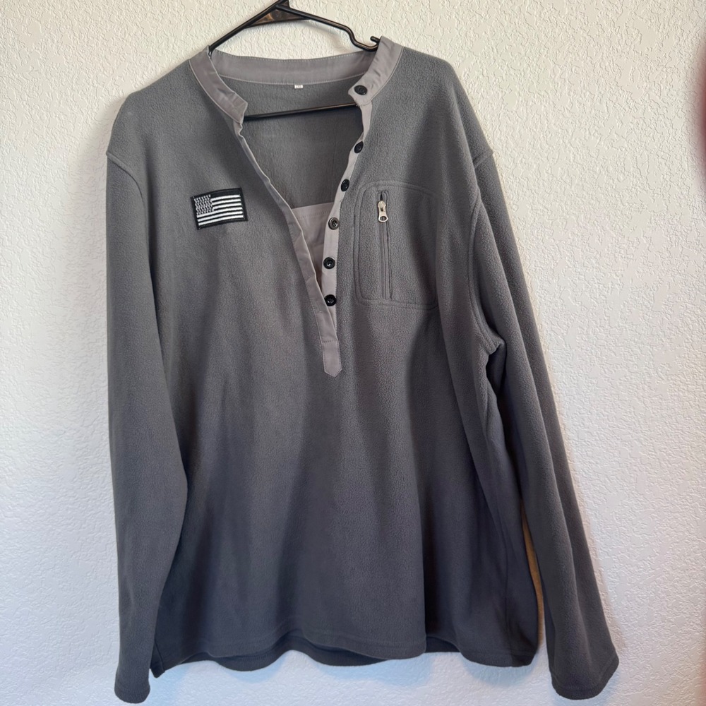 Fleece Pullover Men 2XL Gray American Flag‎ Patch Button Henley Pocket